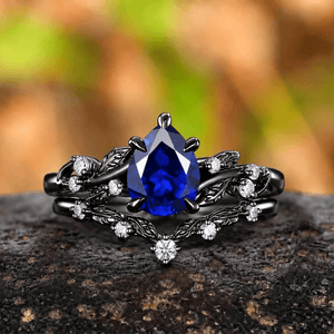 Pear Sapphire Ring Set Black Gold Wedding Band Engagement Ring Twig Leaf Sapphire Ring - anerjuly
