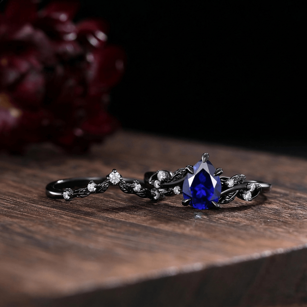 Pear Sapphire Ring Set Black Gold Wedding Band Engagement Ring Twig Leaf Sapphire Ring - anerjuly