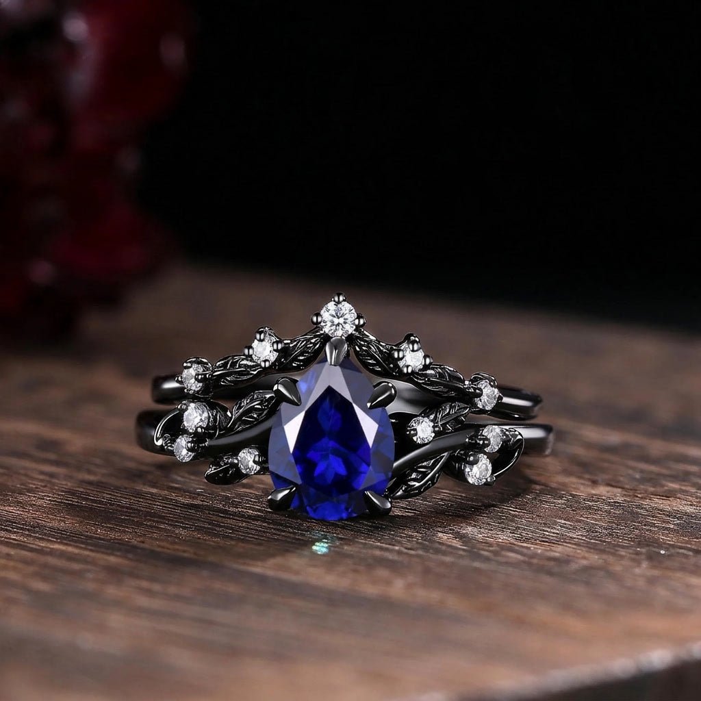 Pear Sapphire Ring Set Black Gold Wedding Band Engagement Ring Twig Leaf Sapphire Ring - anerjuly