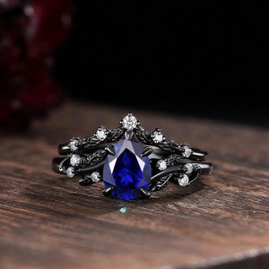 Pear Sapphire Ring Set Black Gold Wedding Band Engagement Ring Twig Leaf Sapphire Ring - anerjuly