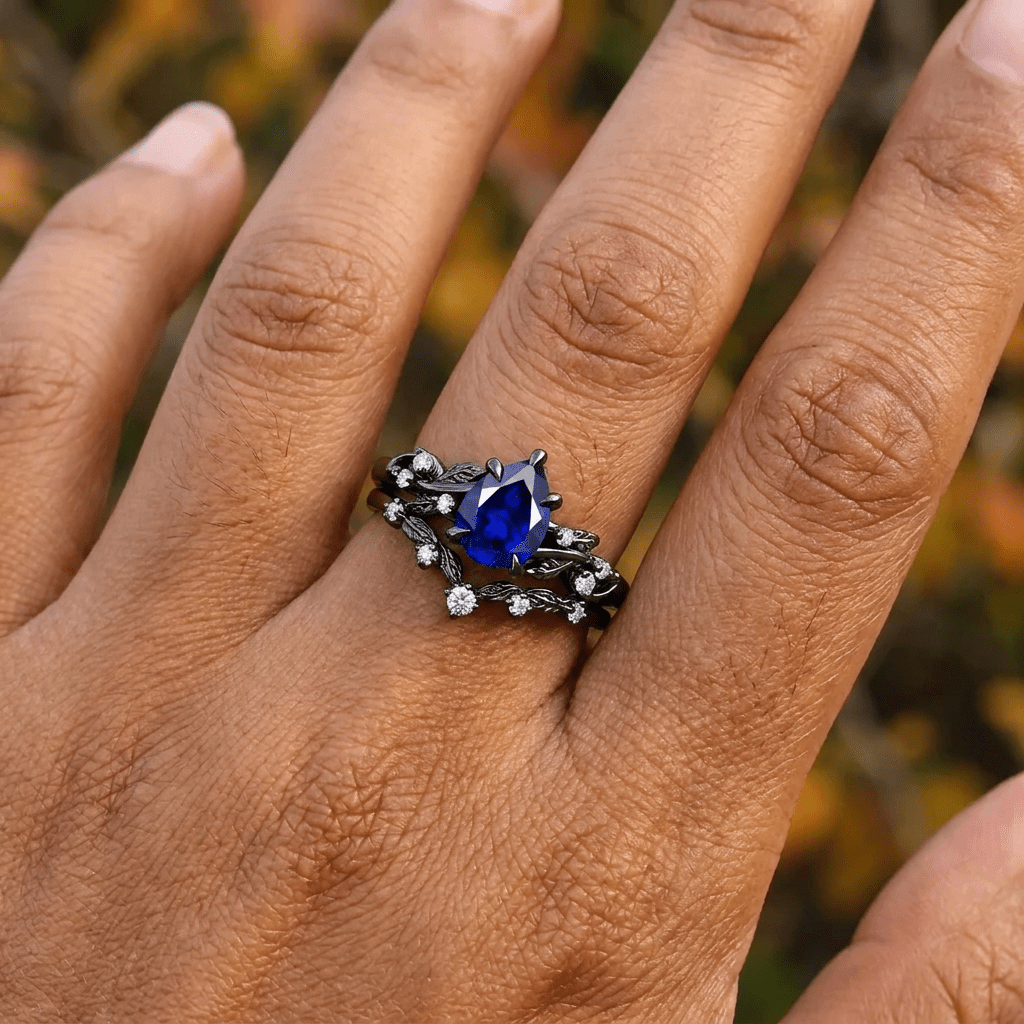Pear Sapphire Ring Set Black Gold Wedding Band Engagement Ring Twig Leaf Sapphire Ring - anerjuly