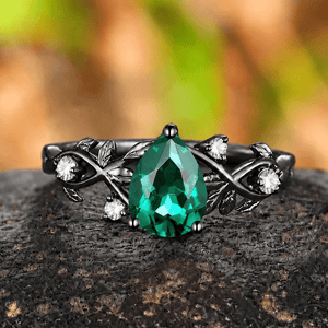 Her Ring - Pear Shape Emerald Engagement Ring Black Gold Leaf Cluster Wedding Ring Women Bridal Promise Ring