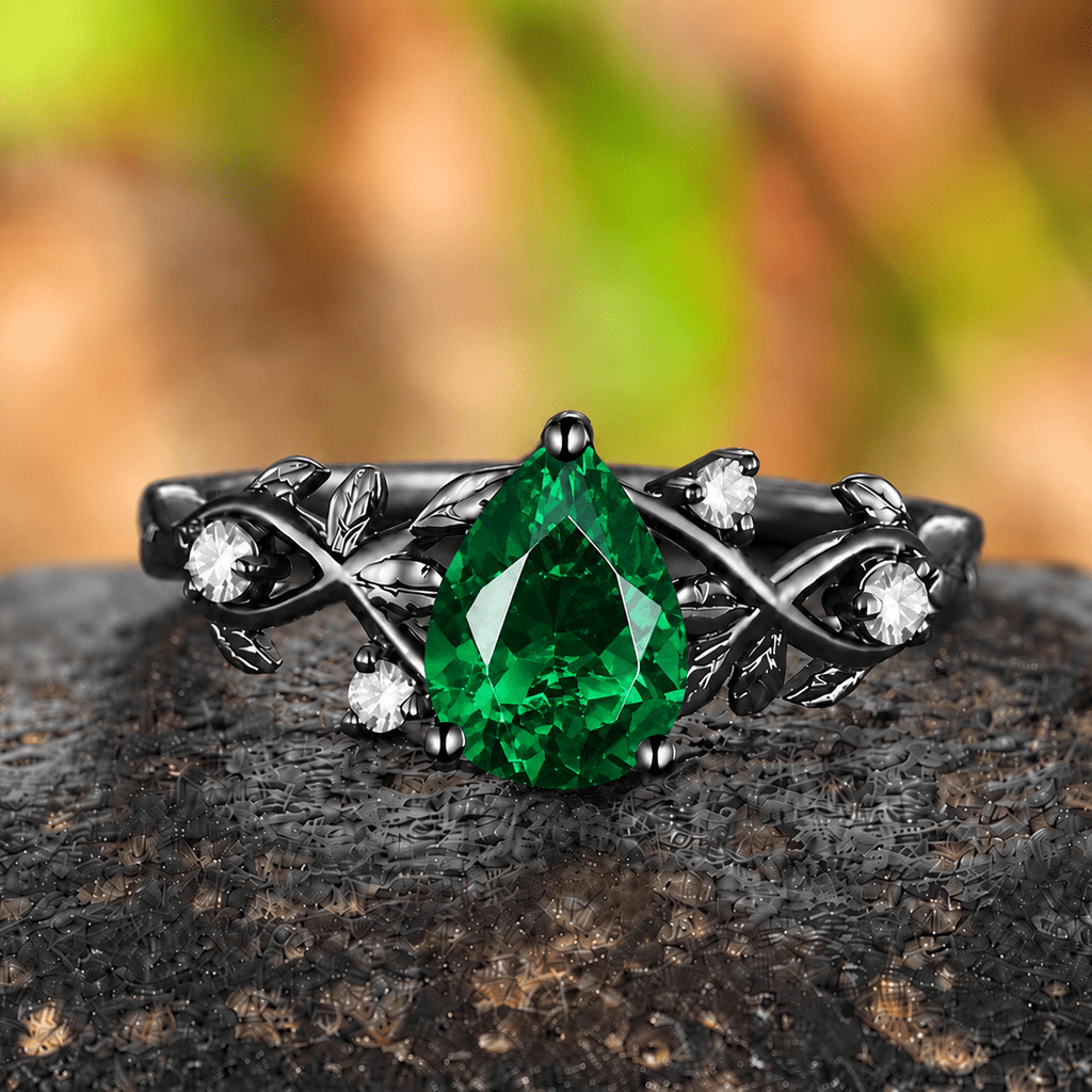 Pear Shape Emerald Engagement Ring Black Gold Leaf Cluster Wedding Ring Women Bridal Promise Ring - anerjuly