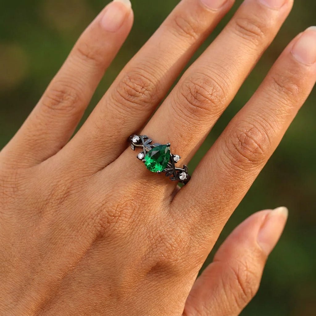 Her Ring - Pear Shape Emerald Engagement Ring Black Gold Leaf Cluster Wedding Ring Women Bridal Promise Ring