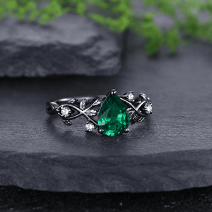 Pear Shape Emerald Engagement Ring Black Gold Leaf Cluster Wedding Ring Women Bridal Promise Ring - anerjuly
