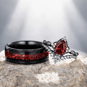 Pear Shape Garnet Ring Black Gold Couple Rings Tungsten Wedding Band Promise Ring for Her - anerjuly
