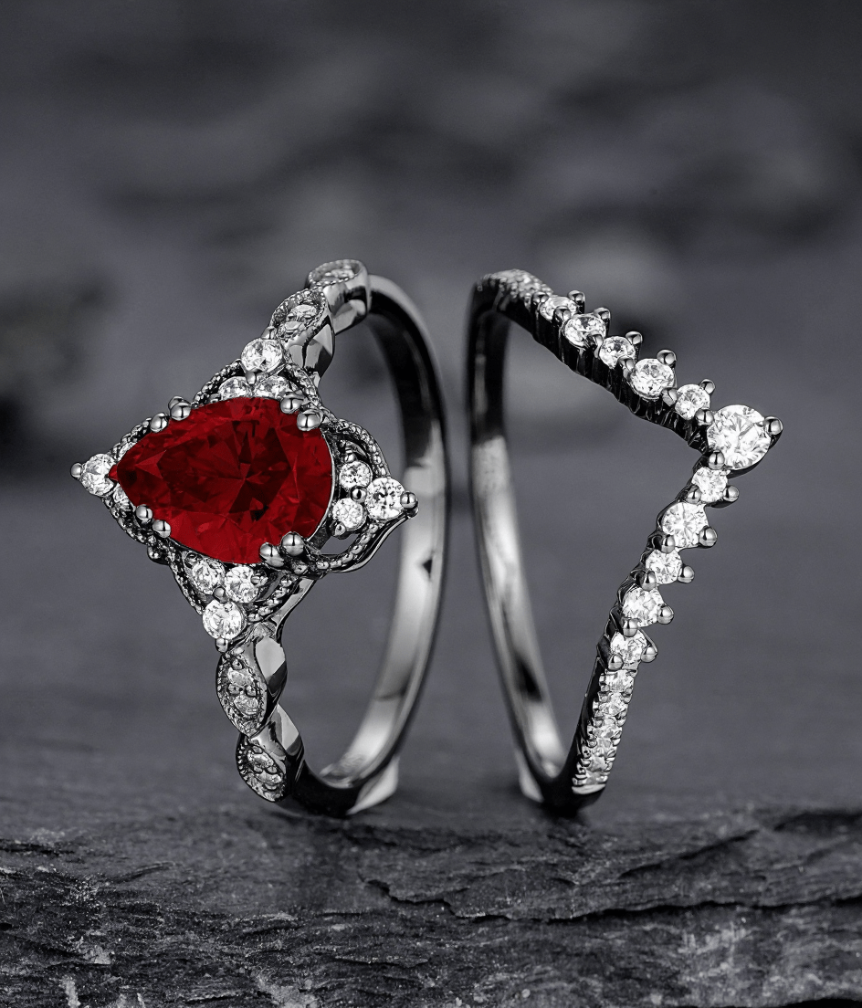 Pear Shape Garnet Ring Black Gold Couple Rings Tungsten Wedding Band Promise Ring for Her - anerjuly