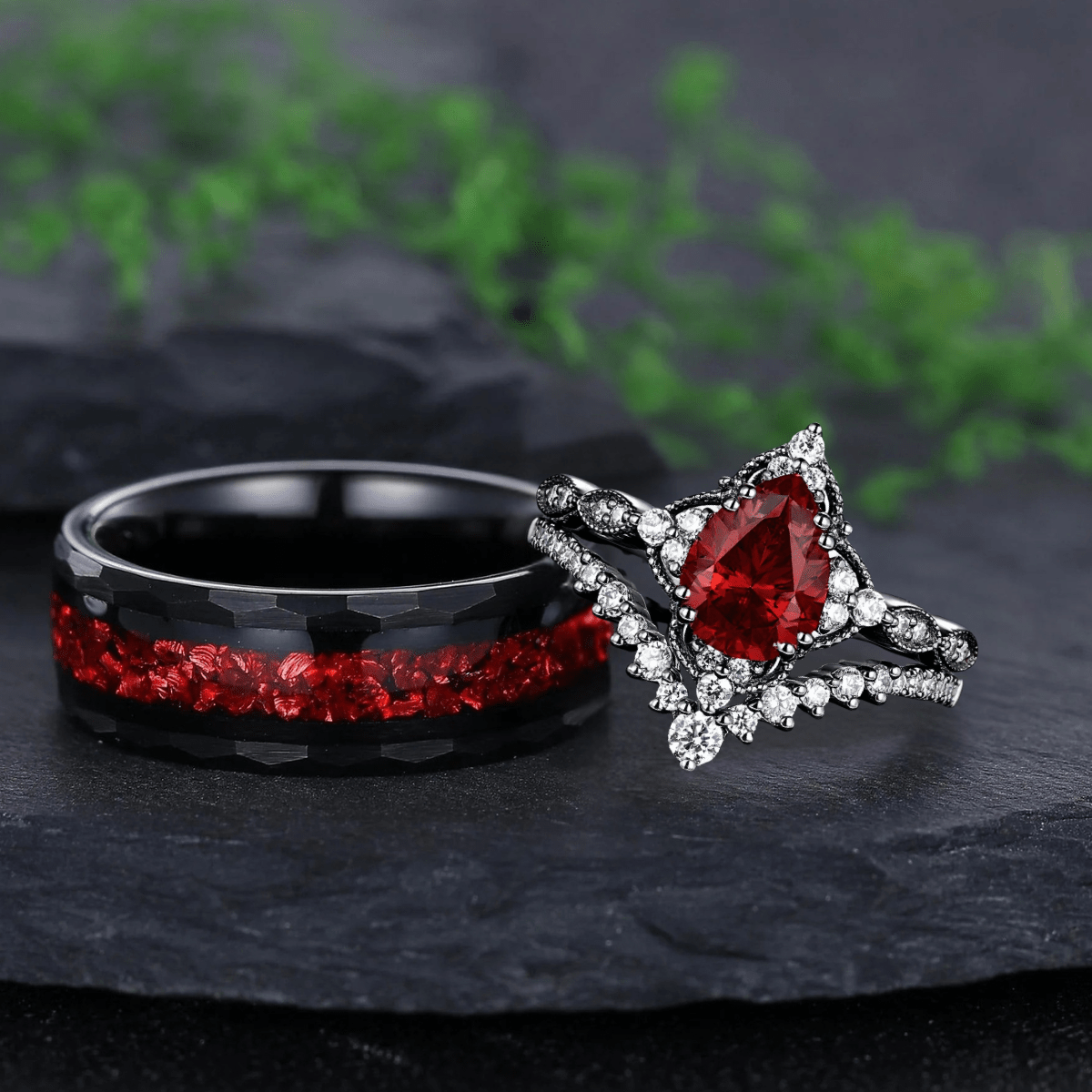 Pear Shape Garnet Ring Black Gold Couple Rings Tungsten Wedding Band Promise Ring for Her - anerjuly