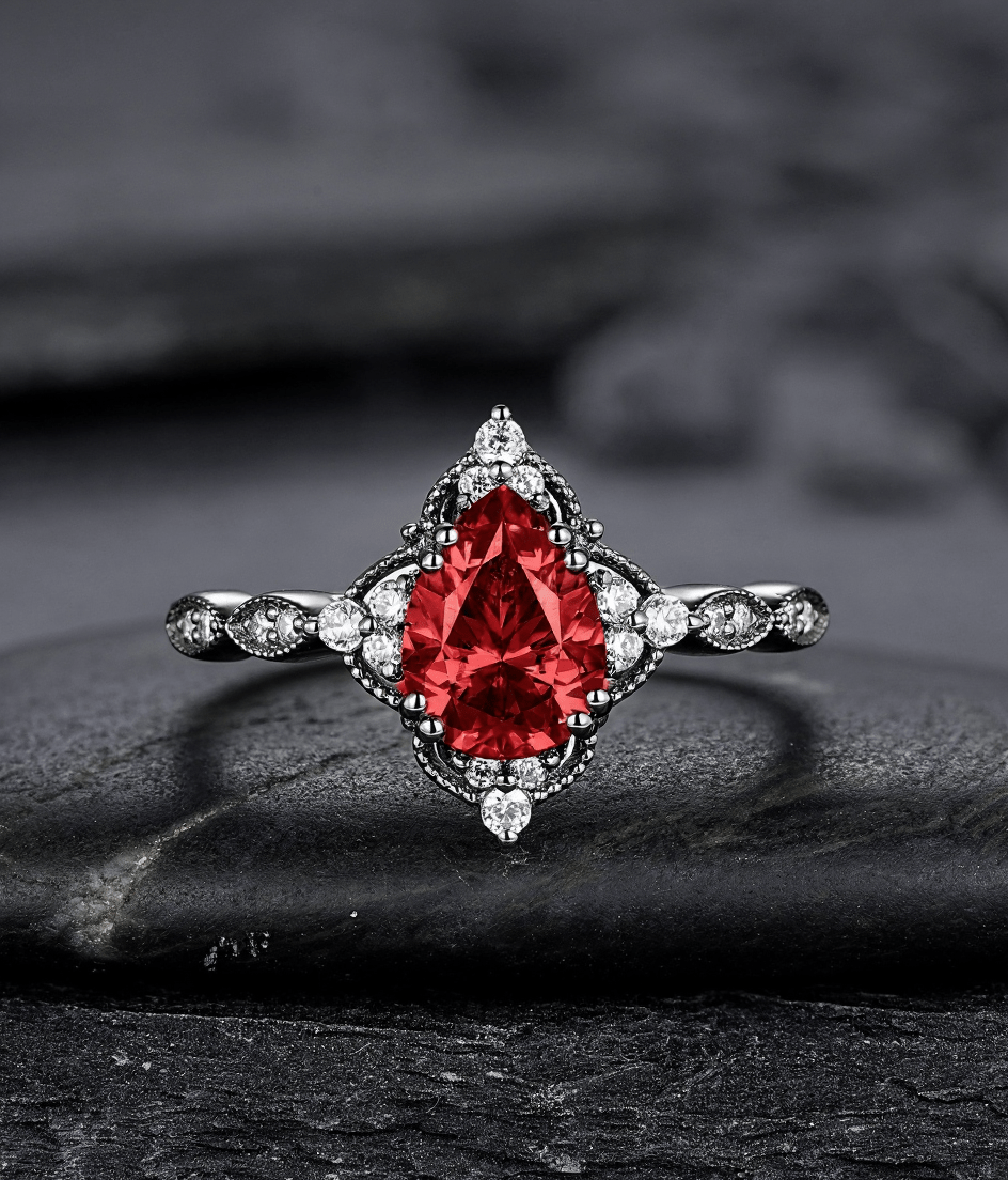 Pear Shape Garnet Ring Black Gold Couple Rings Tungsten Wedding Band Promise Ring for Her - anerjuly