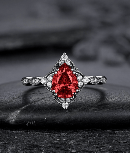 Pear Shape Garnet Ring Black Gold Couple Rings Tungsten Wedding Band Promise Ring for Her - anerjuly