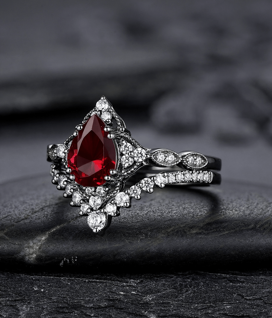 Pear Shape Garnet Ring Black Gold Couple Rings Tungsten Wedding Band Promise Ring for Her - anerjuly