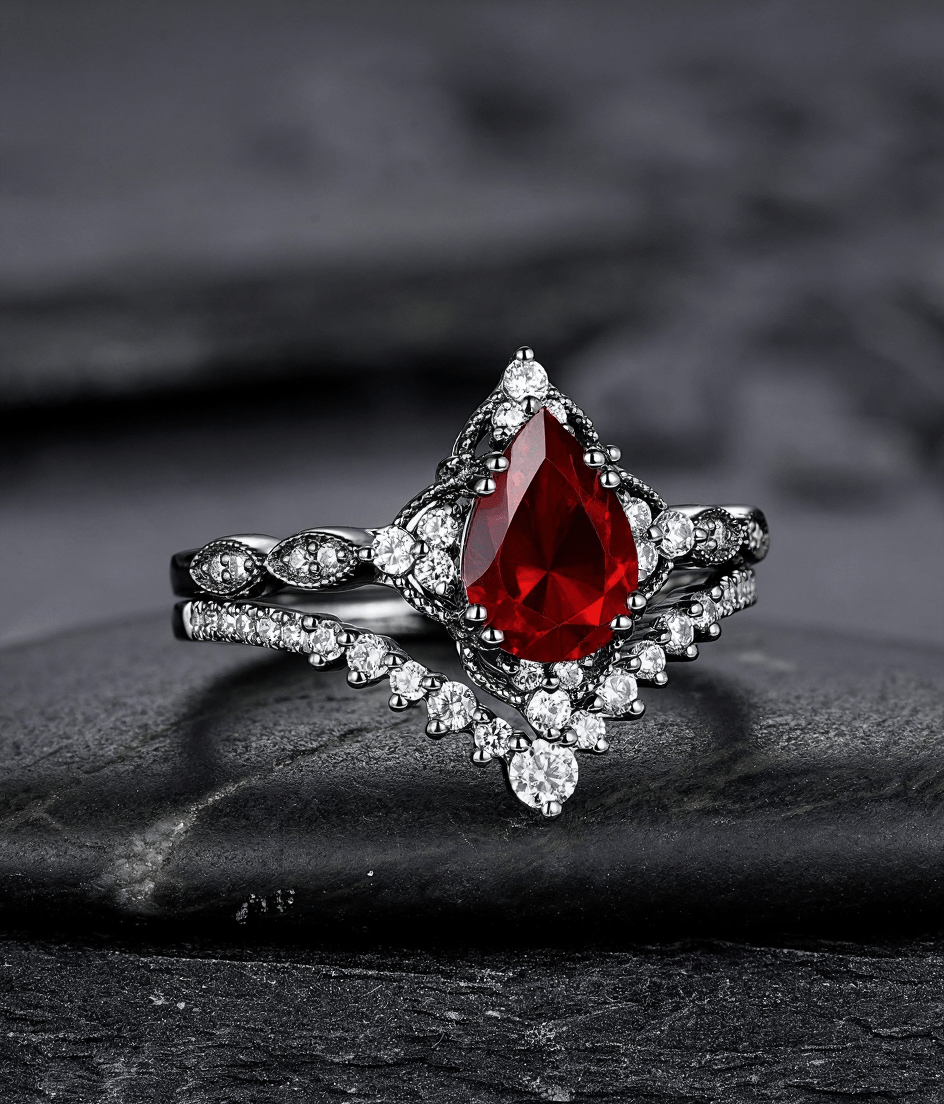 Pear Shape Garnet Ring Black Gold Couple Rings Tungsten Wedding Band Promise Ring for Her - anerjuly