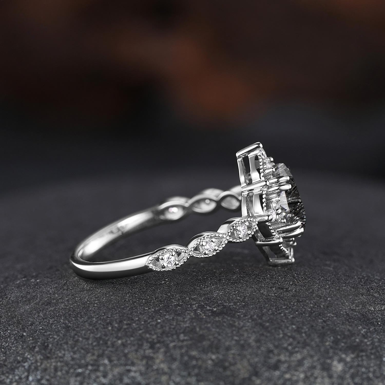 Pear Shaped Natural Black Onyx S925 Ring Nature Inspired Bridal Engagement Ring - anerjuly
