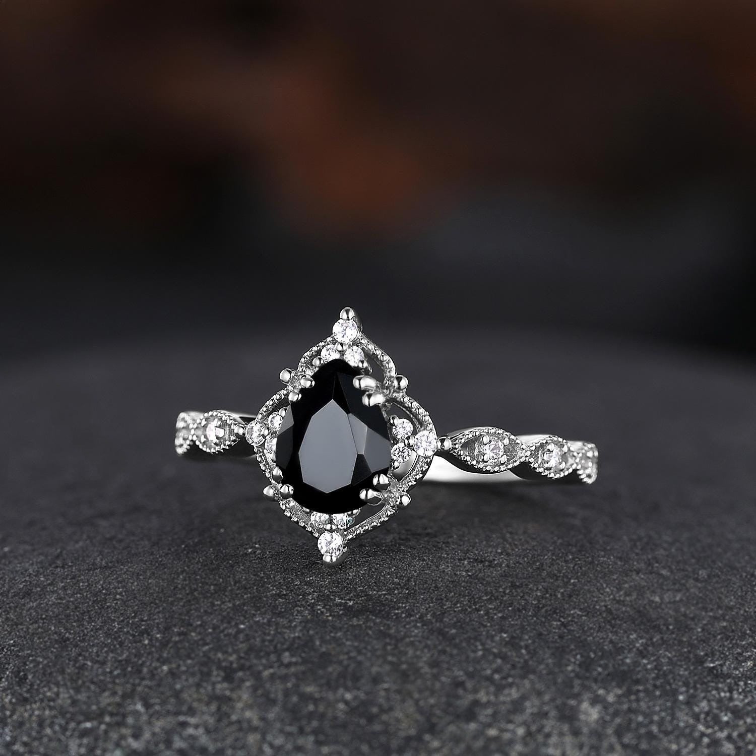 Pear Shaped Natural Black Onyx S925 Ring Nature Inspired Bridal Engagement Ring - anerjuly
