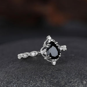 Pear Shaped Natural Black Onyx S925 Ring Nature Inspired Bridal Engagement Ring - anerjuly
