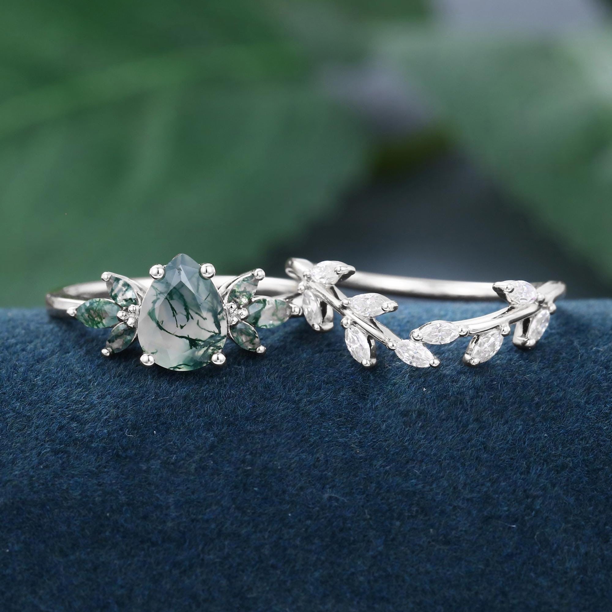 Pear shaped Nature Sterling Silver Moss Agate Ring Set Engagement Ring - anerjuly