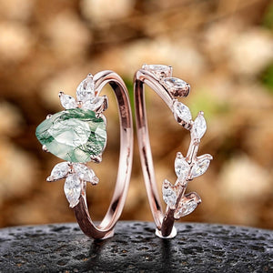 Pear shaped Nature Sterling Silver Moss Agate Ring Set Engagement Ring - anerjuly
