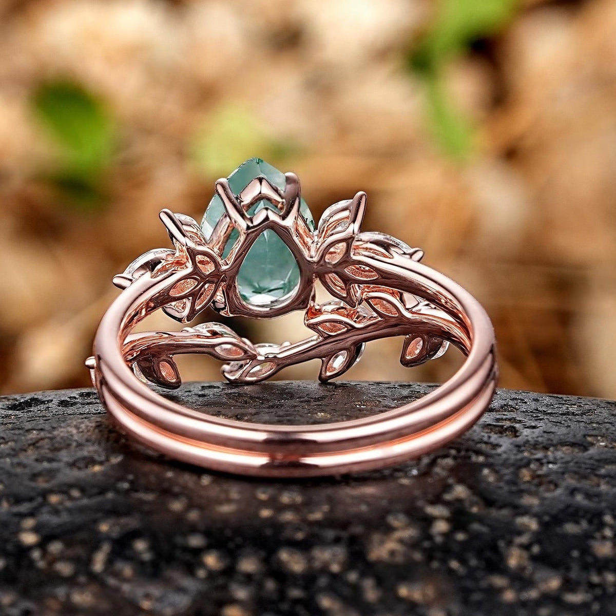 Pear shaped Nature Sterling Silver Moss Agate Ring Set Engagement Ring - anerjuly