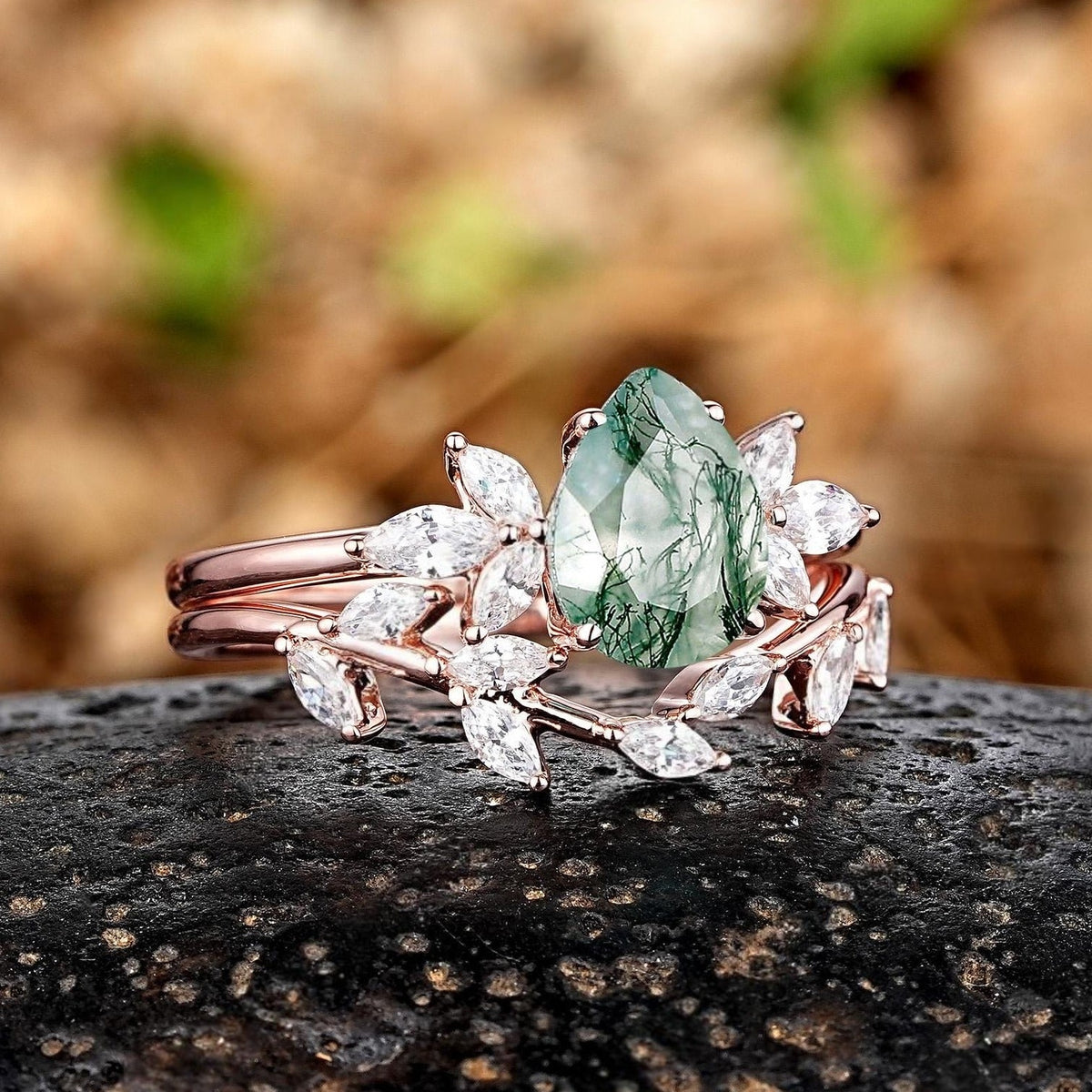 Pear shaped Nature Sterling Silver Moss Agate Ring Set Engagement Ring - anerjuly