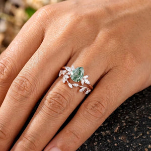 Pear shaped Nature Sterling Silver Moss Agate Ring Set Engagement Ring - anerjuly