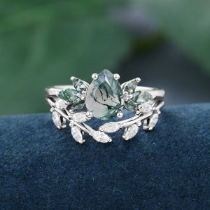 Pear shaped Nature Sterling Silver Moss Agate Ring Set Engagement Ring - anerjuly