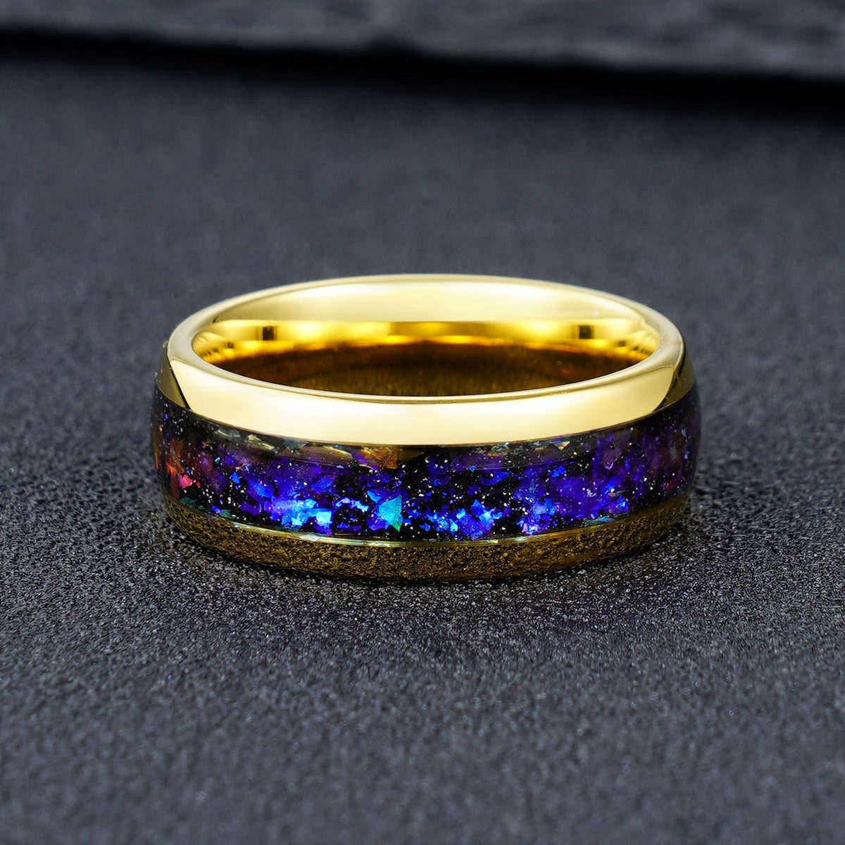 Polished Gold Tungsten Ring with Galaxy Opal Inlay - anerjuly