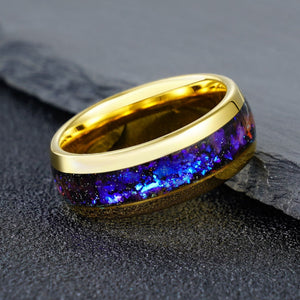 Polished Gold Tungsten Ring with Galaxy Opal Inlay - anerjuly