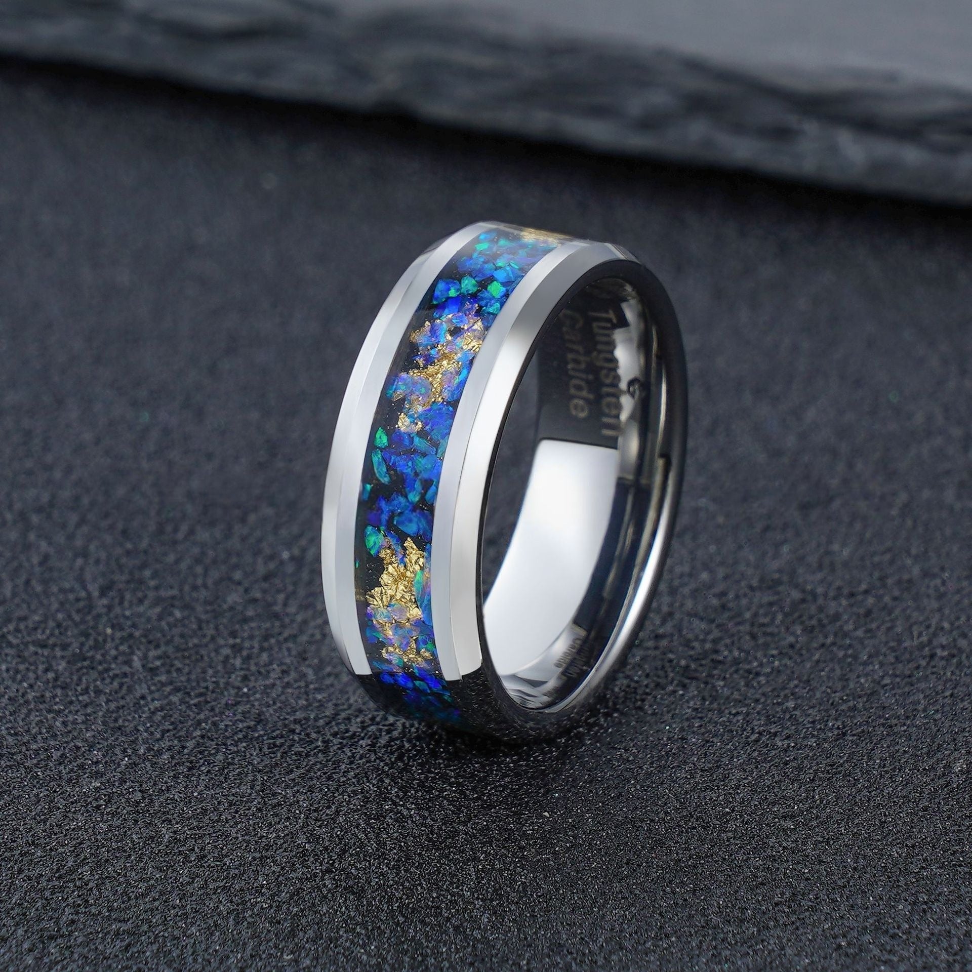 Polished Silver Tungsten Ring with Crushed Aurora Opal Gold Leaf Inlay - anerjuly