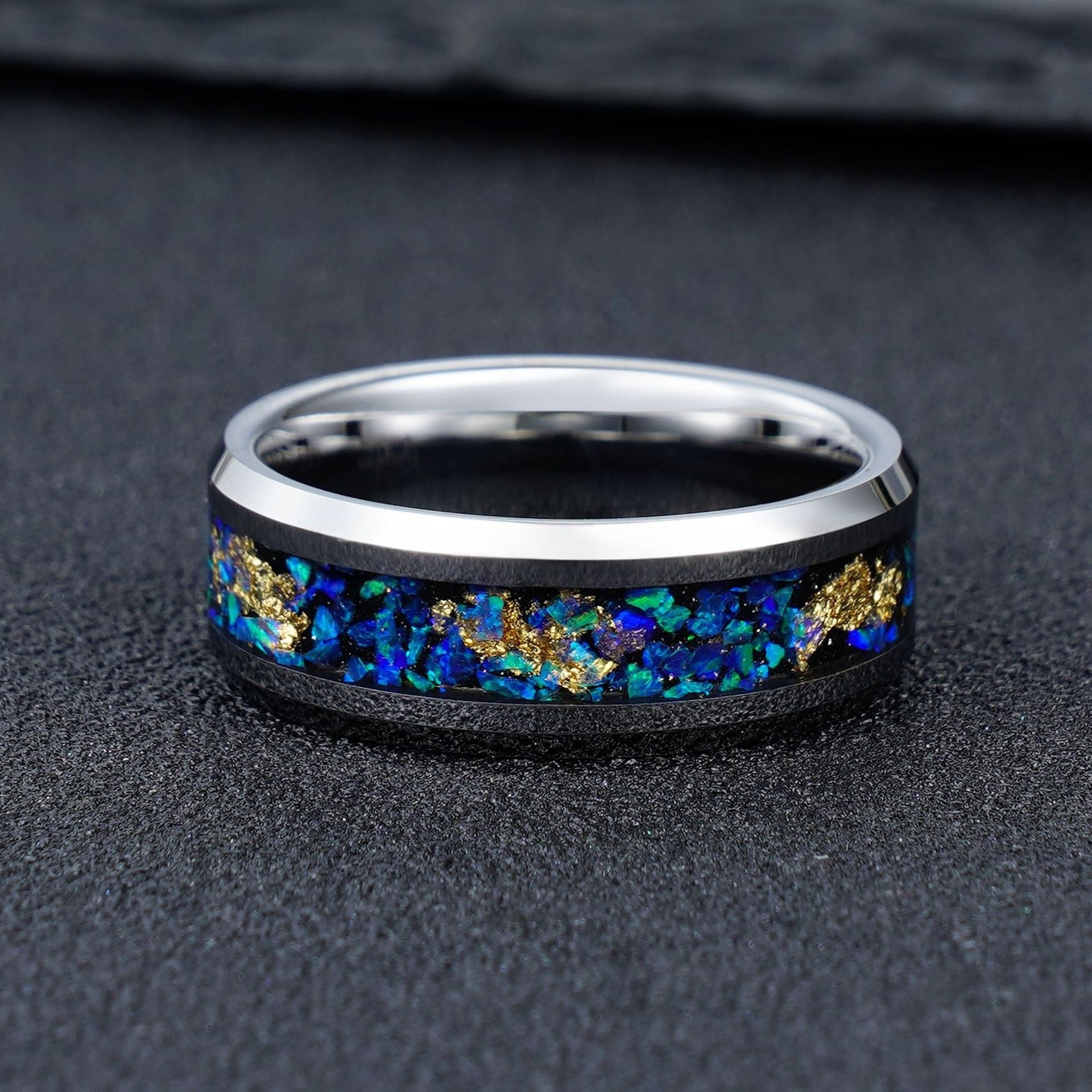 Polished Silver Tungsten Ring with Crushed Aurora Opal Gold Leaf Inlay - anerjuly