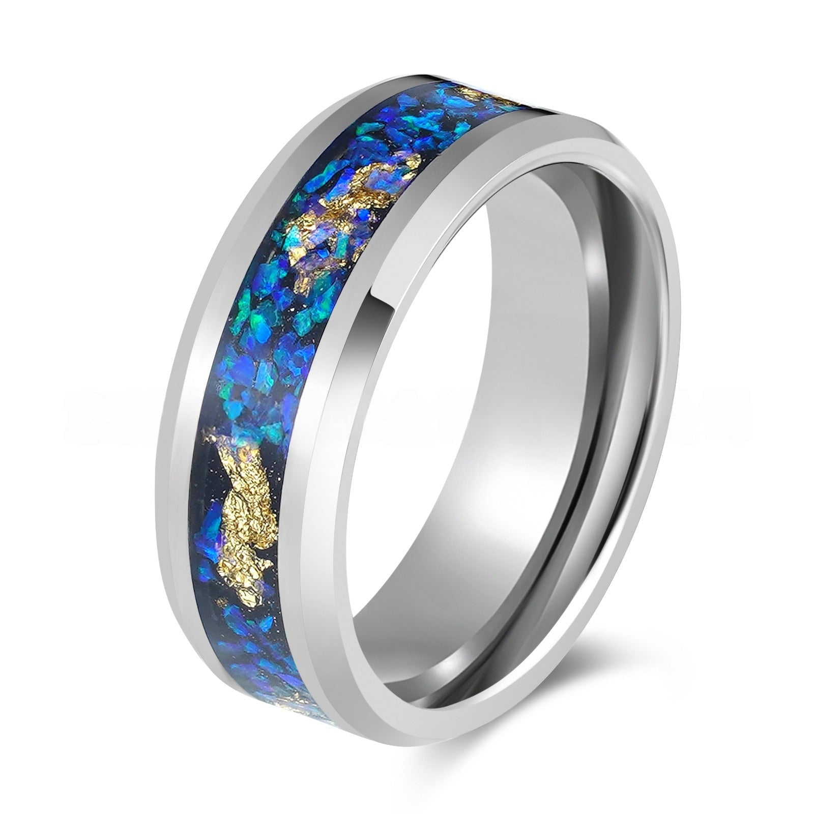 Polished Silver Tungsten Ring with Crushed Aurora Opal Gold Leaf Inlay - anerjuly