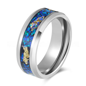 Polished Silver Tungsten Ring with Crushed Aurora Opal Gold Leaf Inlay - anerjuly