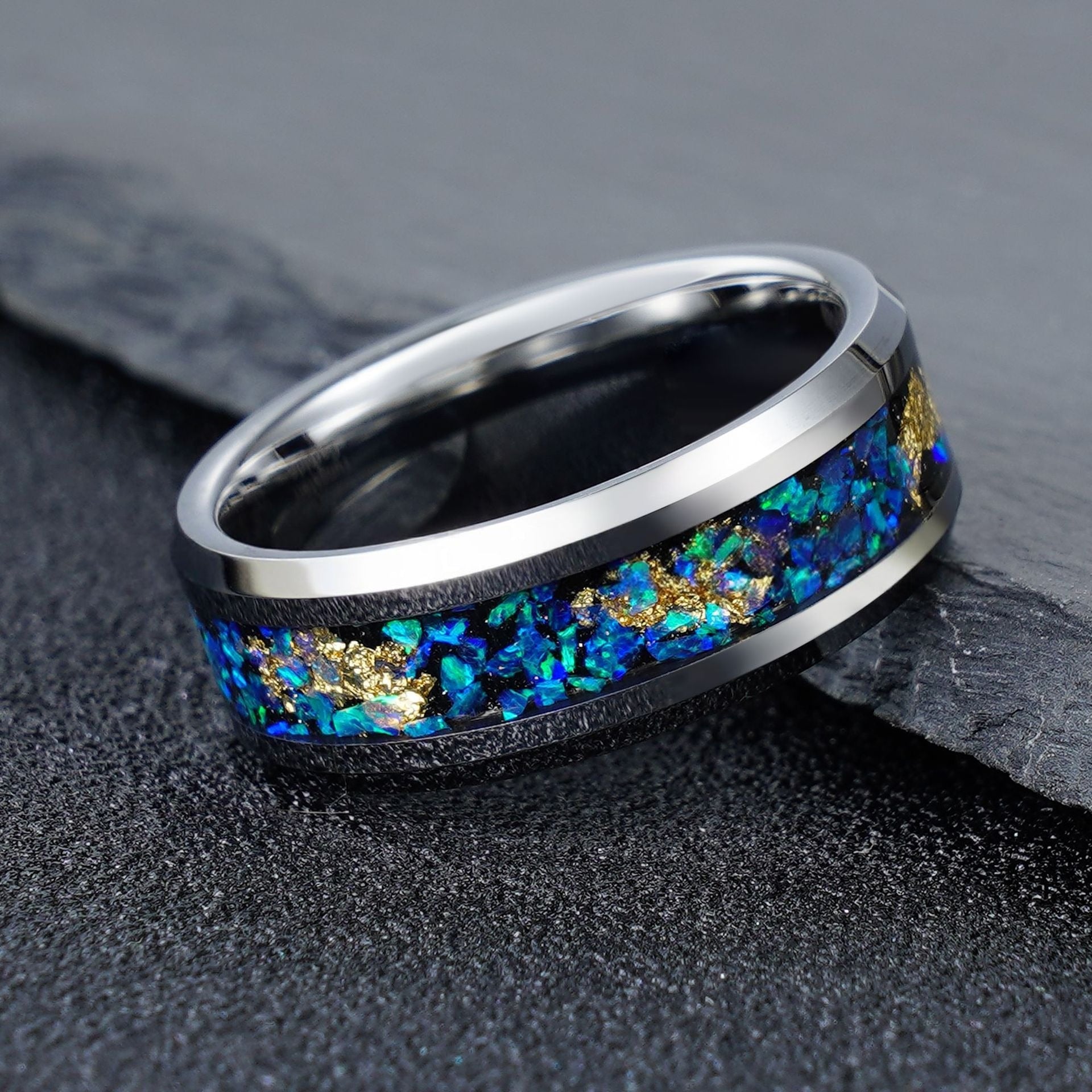 Polished Silver Tungsten Ring with Crushed Aurora Opal Gold Leaf Inlay - anerjuly