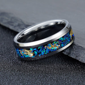 Polished Silver Tungsten Ring with Crushed Aurora Opal Gold Leaf Inlay - anerjuly