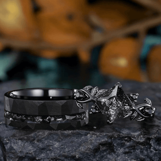 Princess Black Rutilated Quartz Couples Ring His & Her Wedding Band Engagement Ring Twig Leaf Quartz Promise Rings For Couples - anerjuly