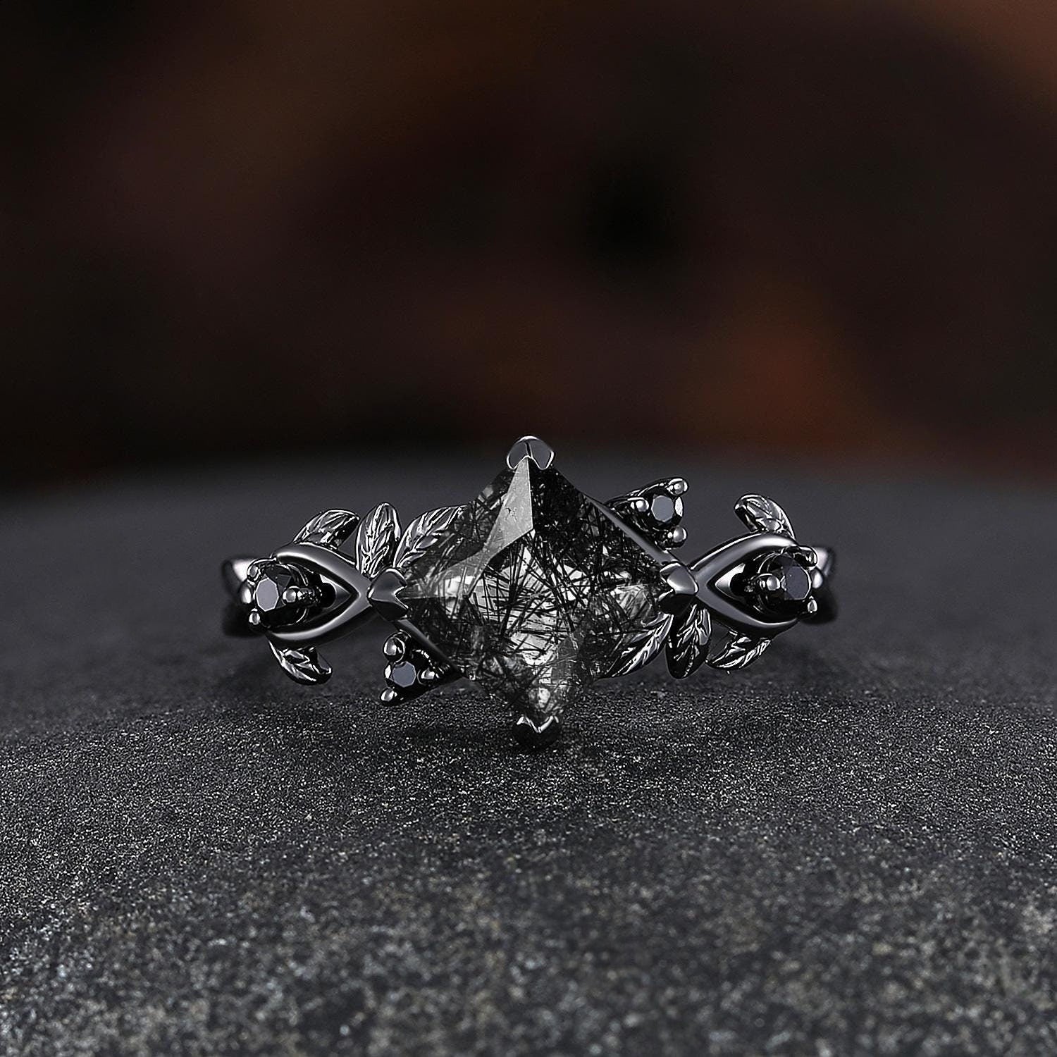 Princess Black Rutilated Quartz Couples Ring His & Her Wedding Band Engagement Ring Twig Leaf Quartz Promise Rings For Couples - anerjuly