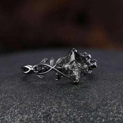 Princess Black Rutilated Quartz Couples Ring His & Her Wedding Band Engagement Ring Twig Leaf Quartz Promise Rings For Couples - anerjuly