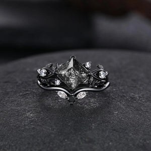 Princess Cut Black Rutilated Quartz Couple Ring Set His and Her Vintage Engagement Ring for Men and Women Leaf Branch Ring - anerjuly