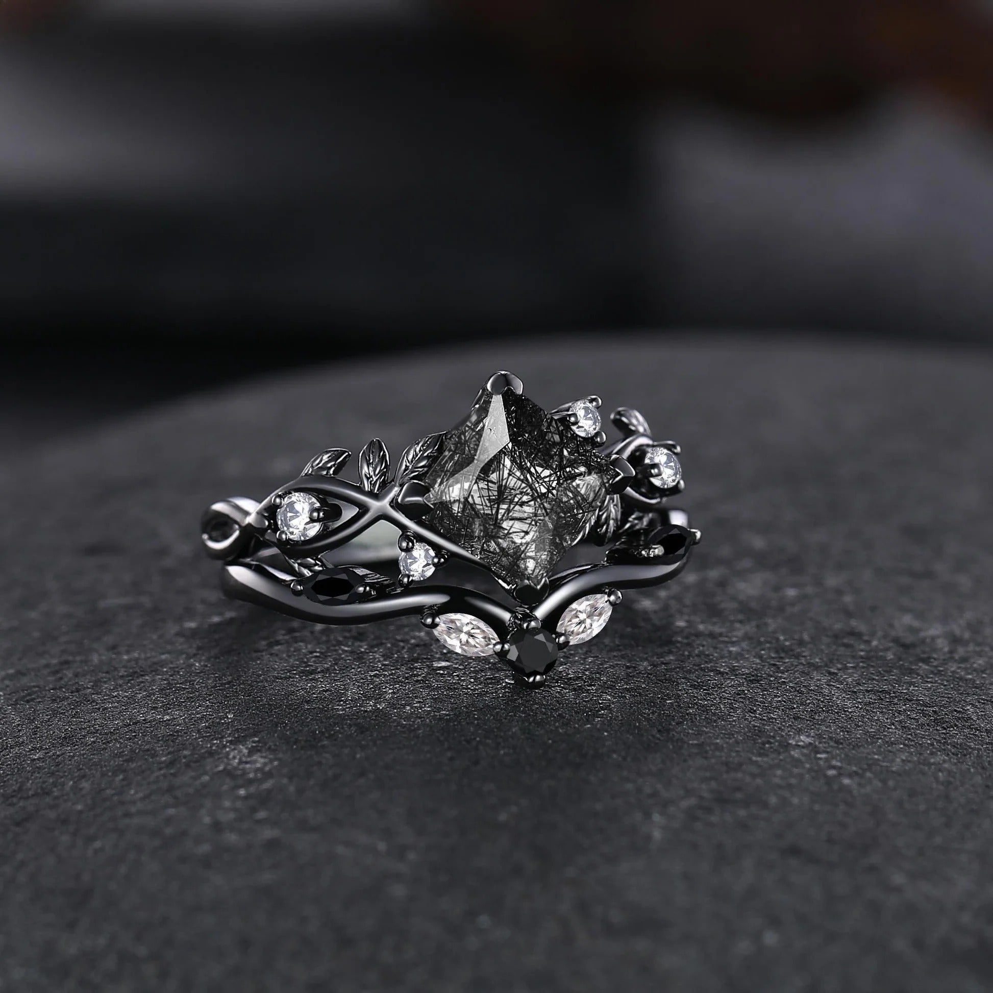 Princess Cut Black Rutilated Quartz Couple Ring Set His and Her Vintage Engagement Ring for Men and Women Leaf Branch Ring - anerjuly