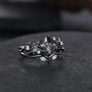 Princess Cut Black Rutilated Quartz Couple Ring Set His and Her Vintage Engagement Ring for Men and Women Leaf Branch Ring - anerjuly
