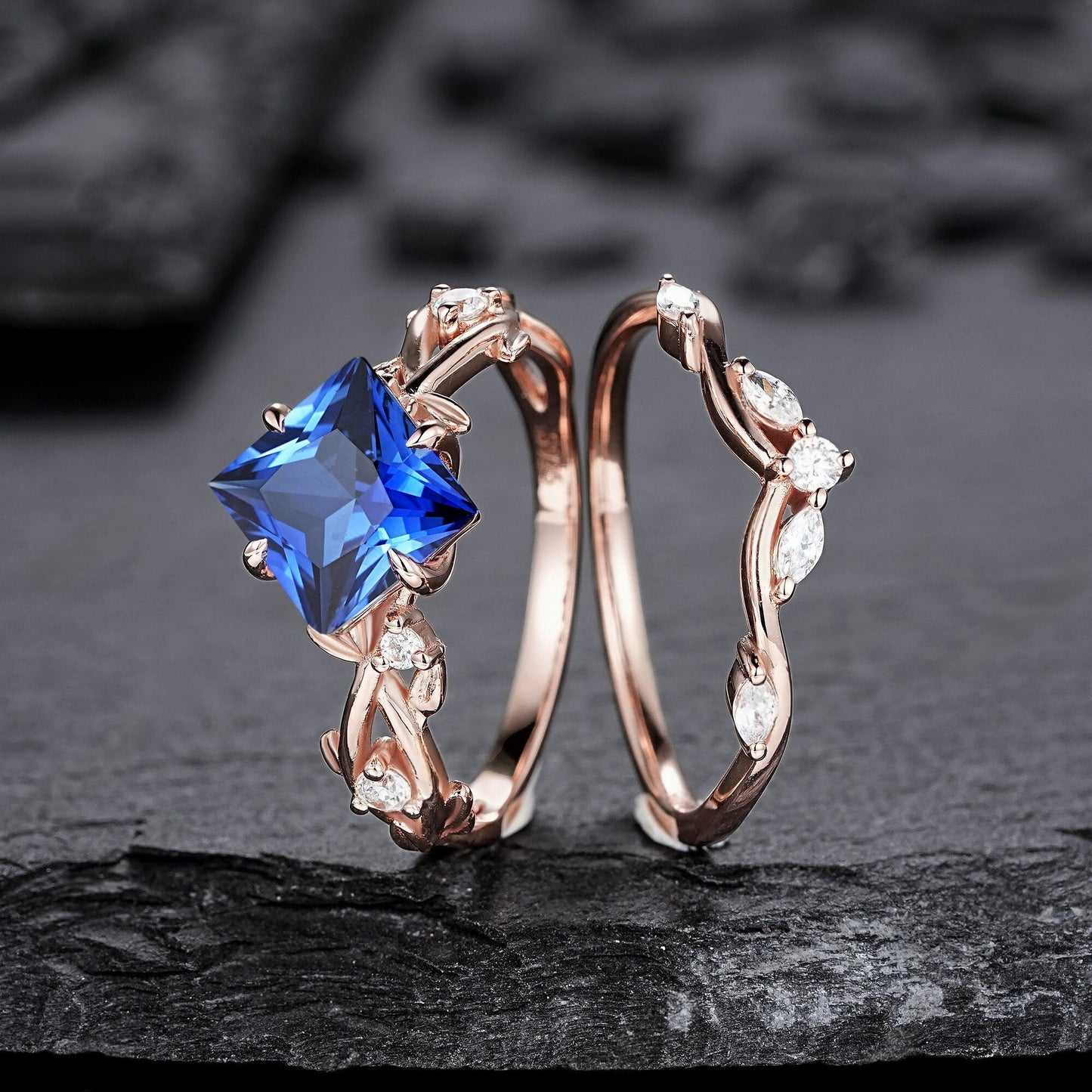 Princess Cut Cornflower Blue Sapphire Engagement Ring Set Rose Gold Leaf Promise Ring, Nature Inspired Twig Branch Vine Wedding Set - anerjuly