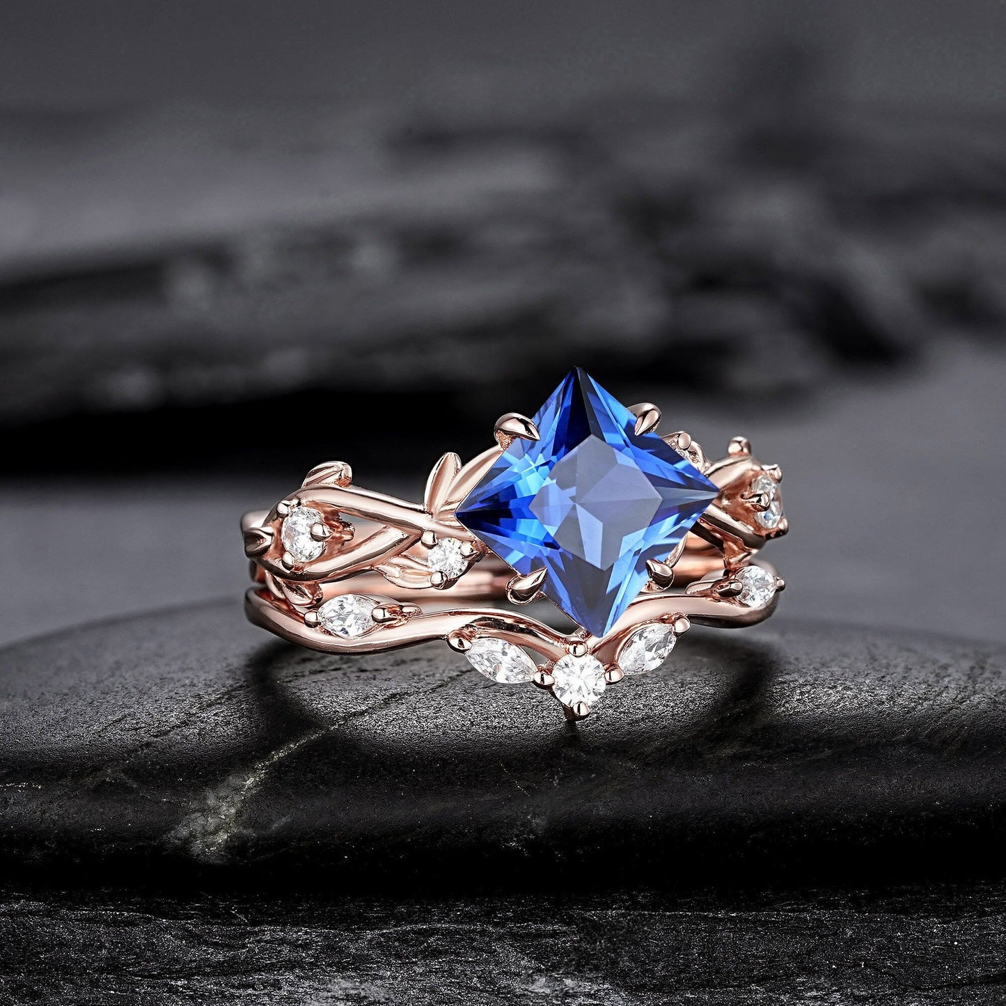 Princess Cut Cornflower Blue Sapphire Engagement Ring Set Rose Gold Leaf Promise Ring, Nature Inspired Twig Branch Vine Wedding Set - anerjuly