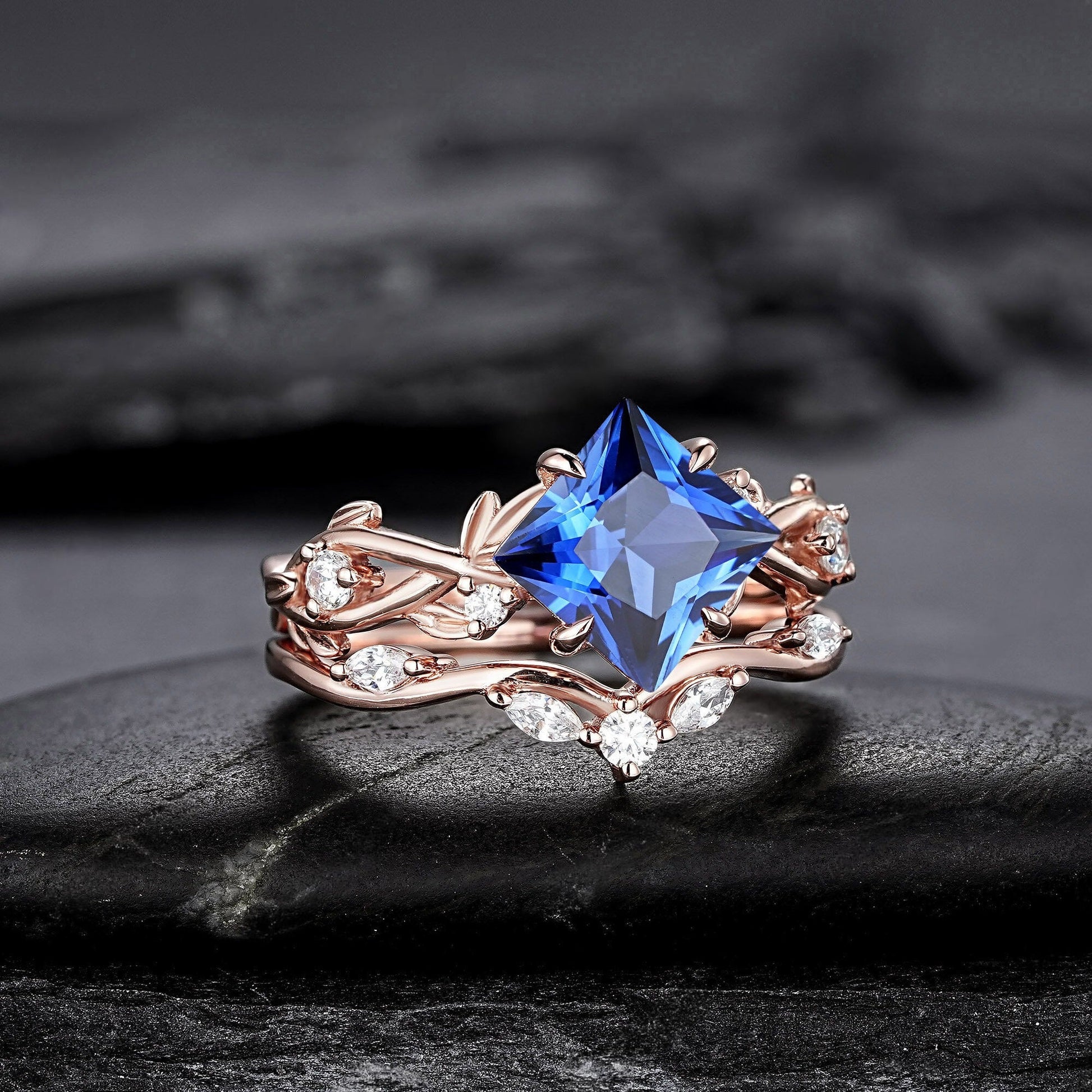 Princess Cut Cornflower Blue Sapphire Engagement Ring Set Rose Gold Leaf Promise Ring, Nature Inspired Twig Branch Vine Wedding Set - anerjuly
