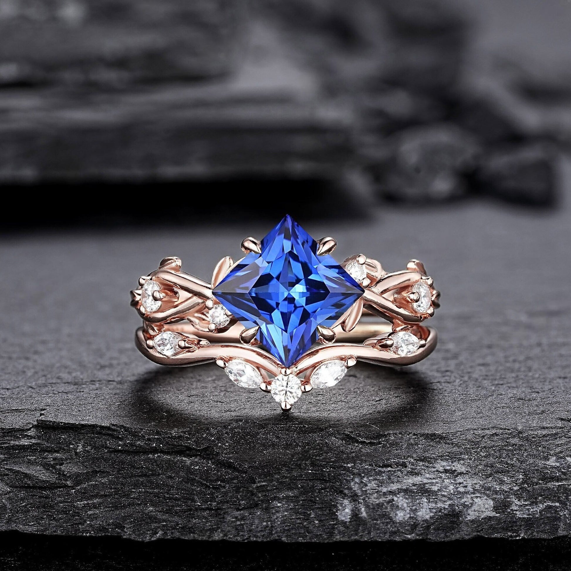 Princess Cut Cornflower Blue Sapphire Engagement Ring Set Rose Gold Leaf Promise Ring, Nature Inspired Twig Branch Vine Wedding Set - anerjuly