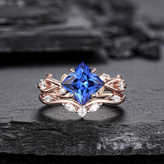 Princess Cut Cornflower Blue Sapphire Engagement Ring Set Rose Gold Leaf Promise Ring, Nature Inspired Twig Branch Vine Wedding Set - anerjuly