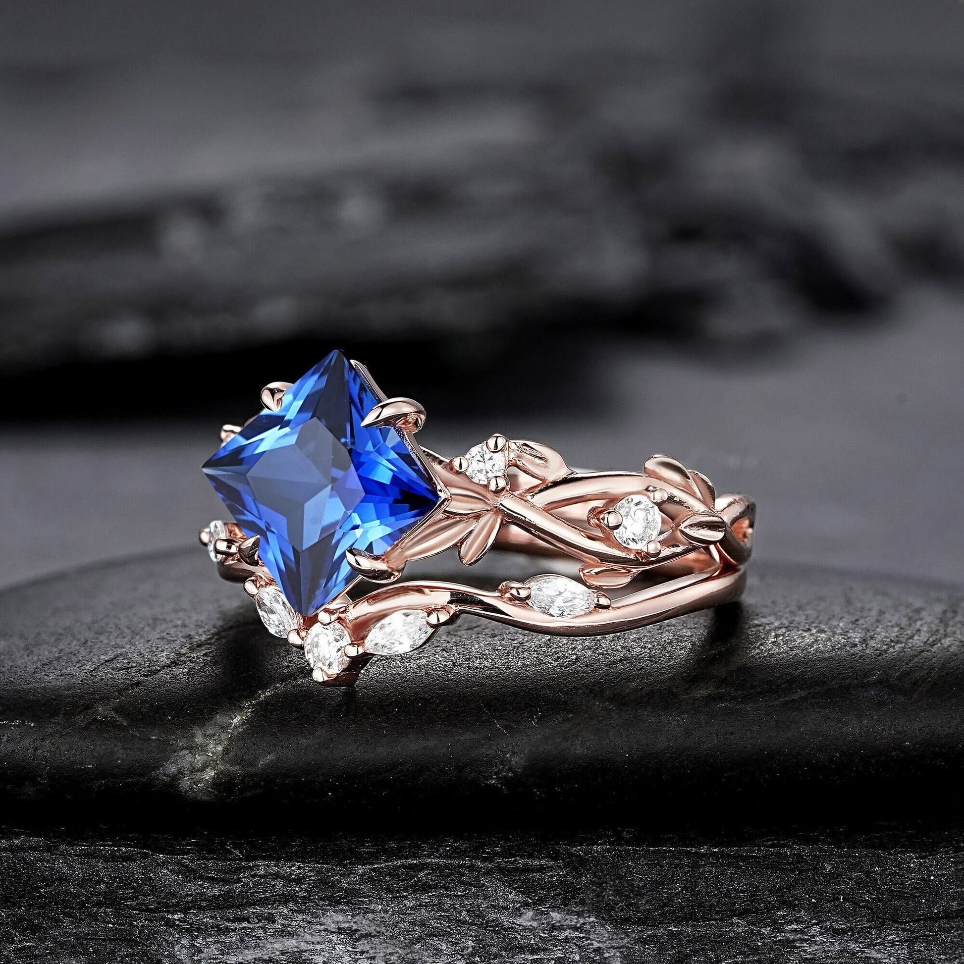 Princess Cut Cornflower Blue Sapphire Engagement Ring Set Rose Gold Leaf Promise Ring, Nature Inspired Twig Branch Vine Wedding Set - anerjuly