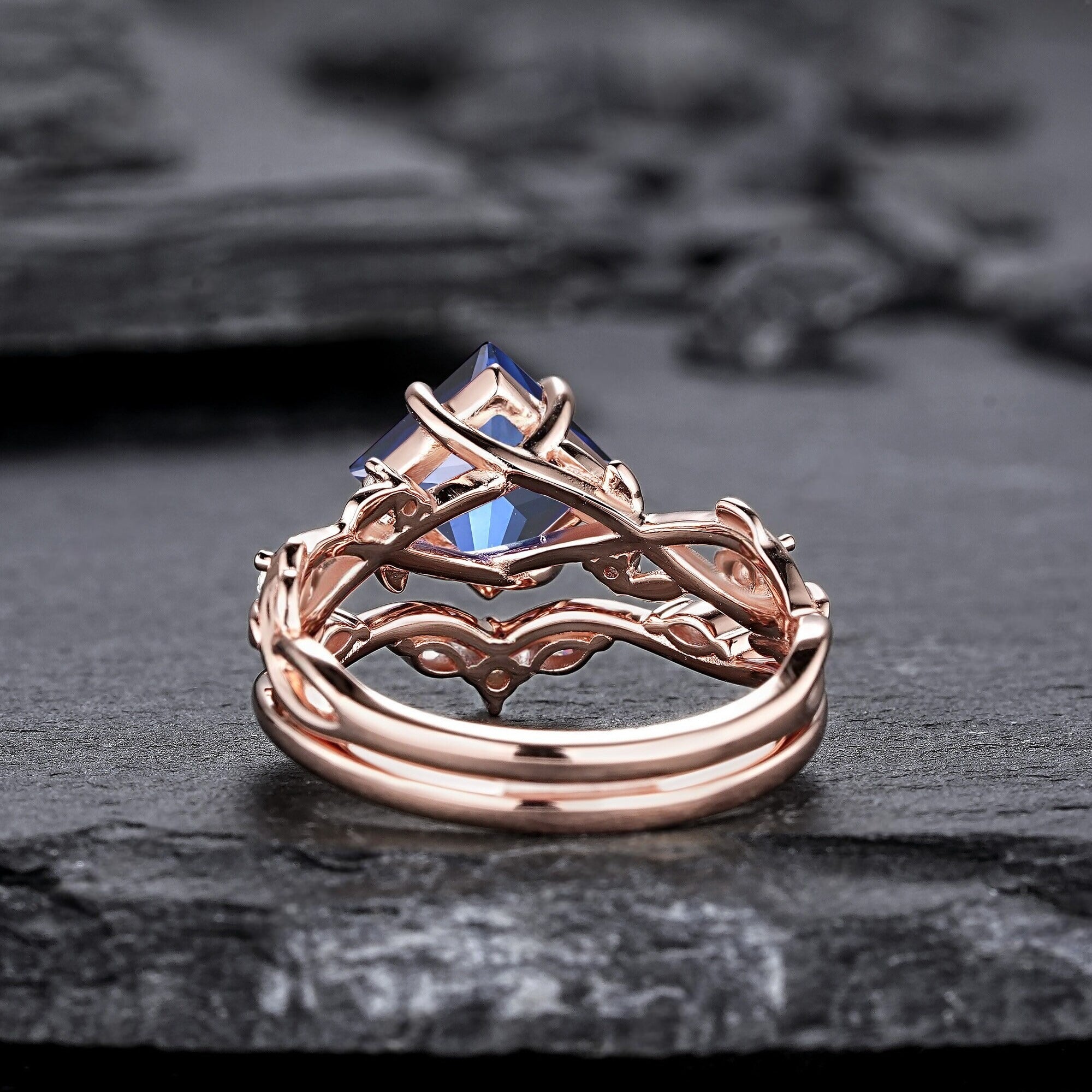 Princess Cut Cornflower Blue Sapphire Engagement Ring Set Rose Gold Leaf Promise Ring, Nature Inspired Twig Branch Vine Wedding Set - anerjuly