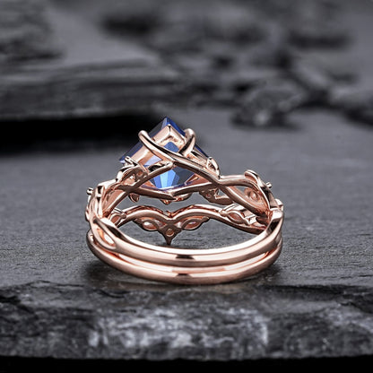 Princess Cut Cornflower Blue Sapphire Engagement Ring Set Rose Gold Leaf Promise Ring, Nature Inspired Twig Branch Vine Wedding Set - anerjuly