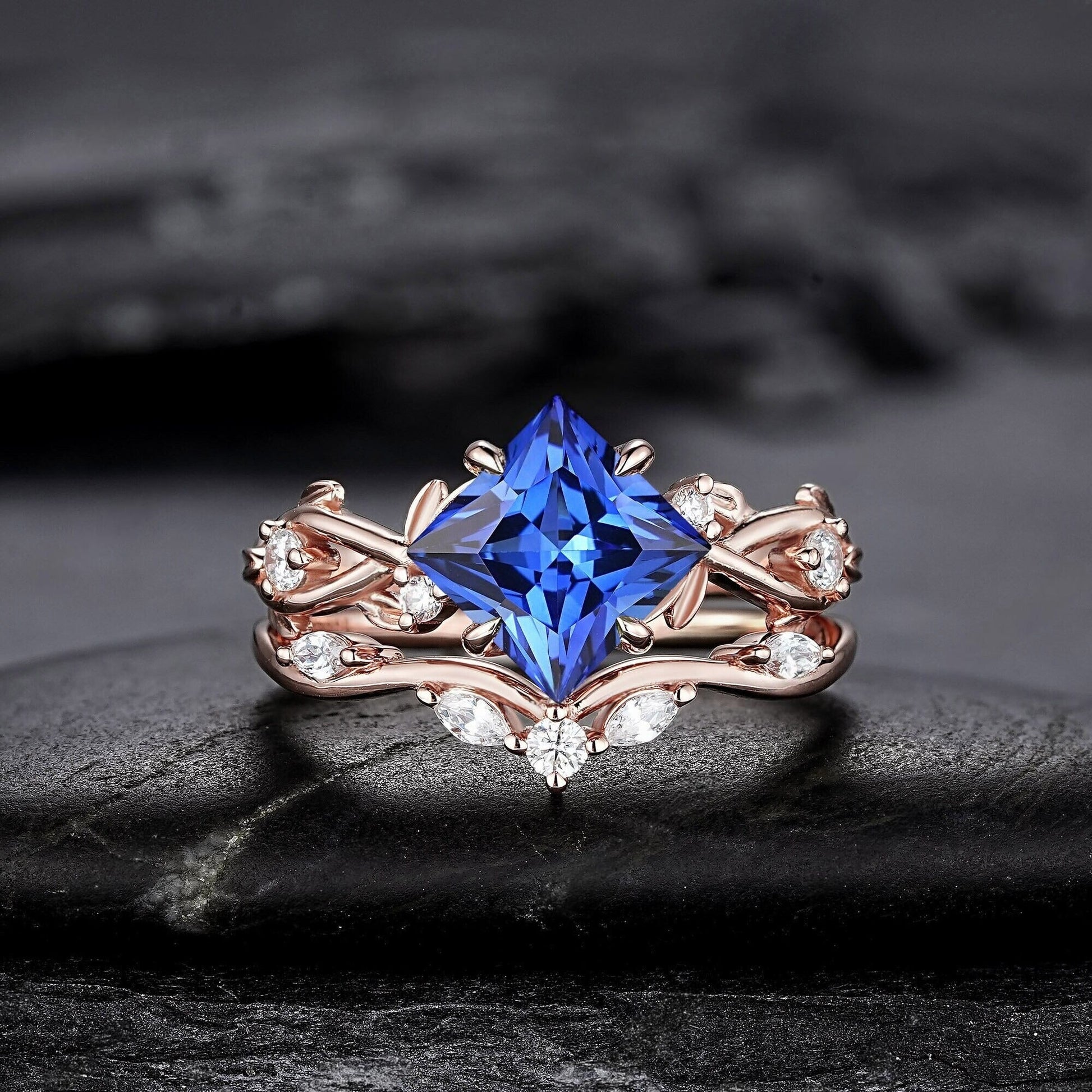 Princess Cut Cornflower Blue Sapphire Engagement Ring Set Rose Gold Leaf Promise Ring, Nature Inspired Twig Branch Vine Wedding Set - anerjuly