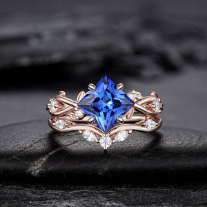 Princess Cut Cornflower Blue Sapphire Engagement Ring Set Rose Gold Leaf Promise Ring, Nature Inspired Twig Branch Vine Wedding Set - anerjuly