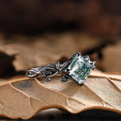 Princess Cut Moss Agate Engagement Ring Leaf Floral Nature Inspired Wedding Ring For Women - anerjuly